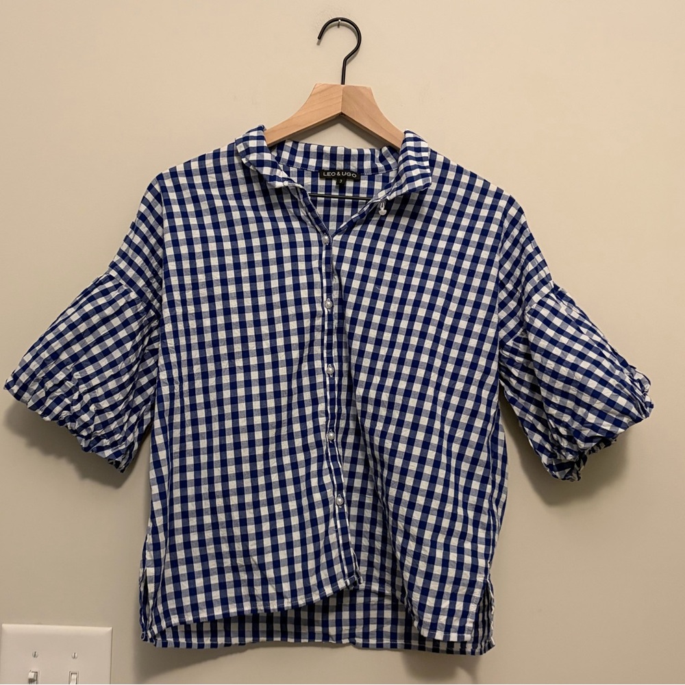 Leo & Ugo Puff Sleeve Gingham Button Up Large